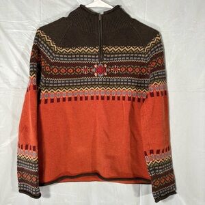Eddie Bauer Womens Sweater P Sm Orange 1/4 Zip Fair Isle Cabincore Cotton Angora